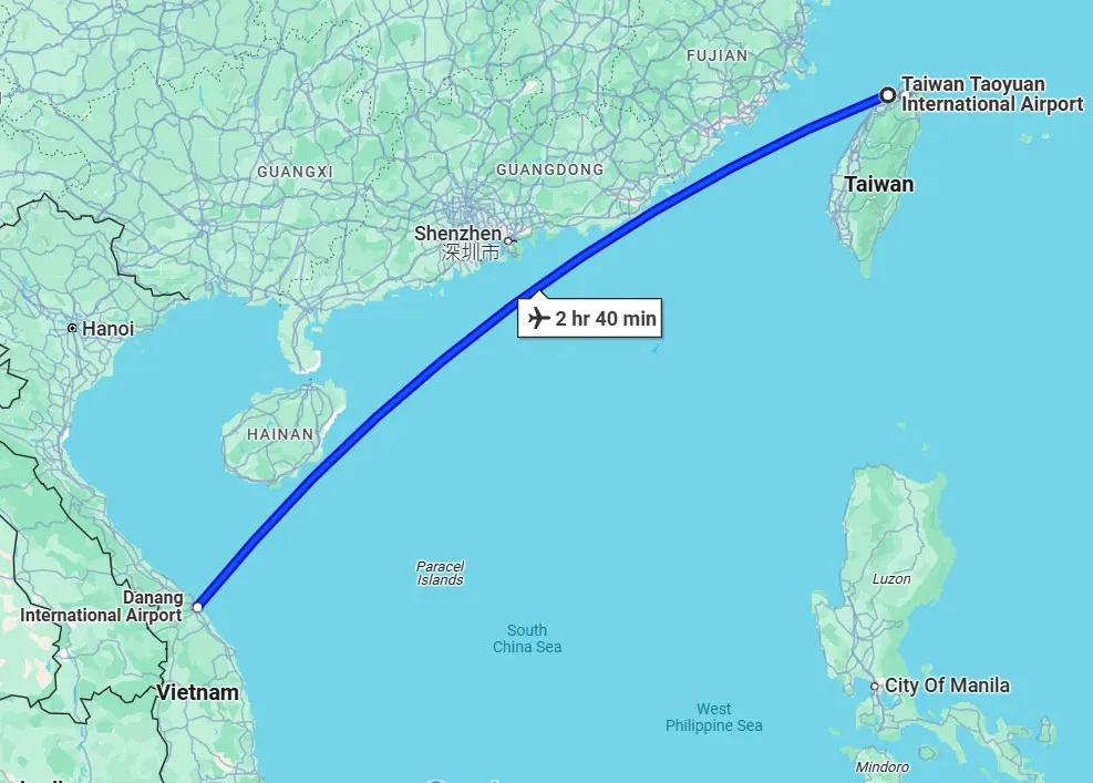 從台灣桃園機場到峴港機場大約需要3個小時。