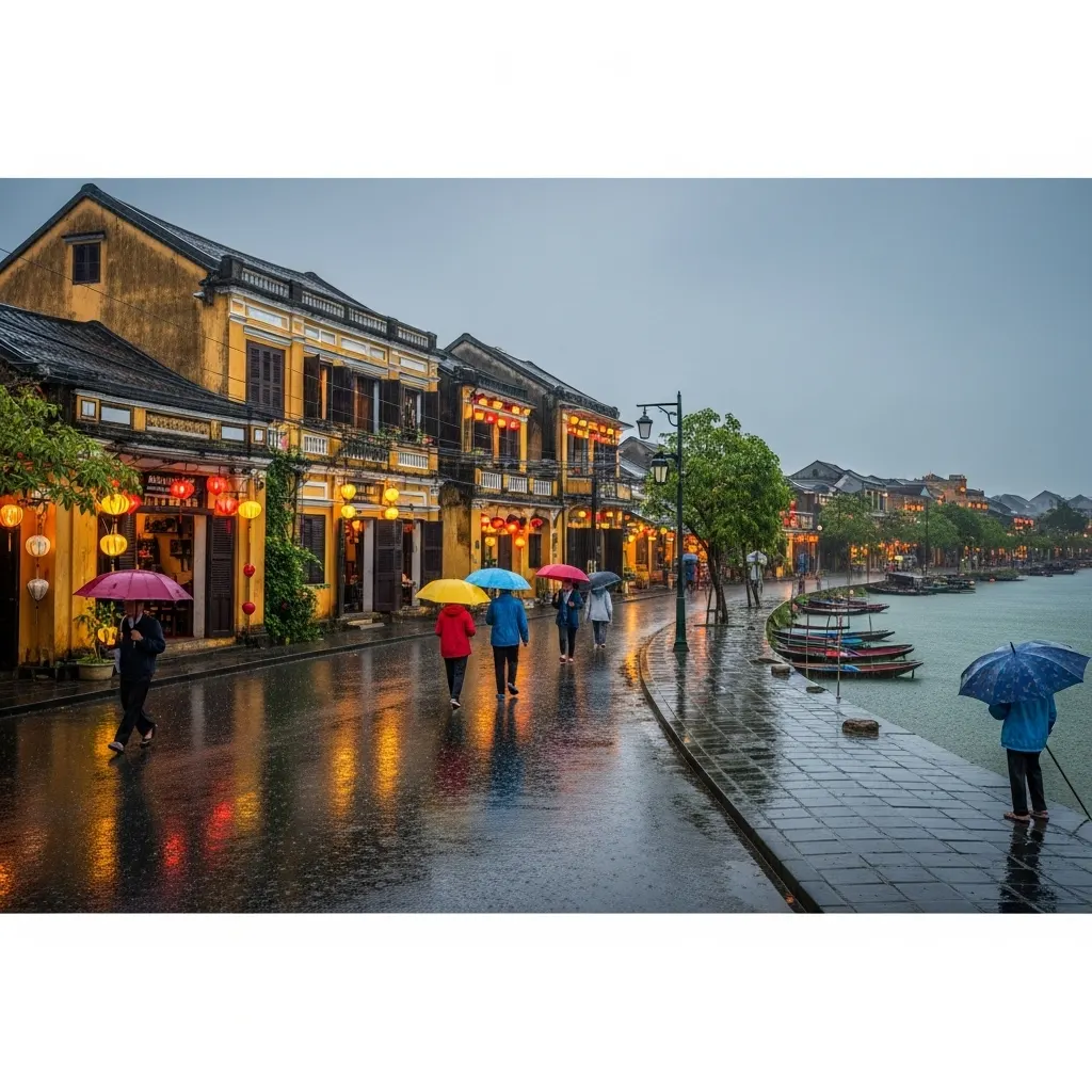 一張逼真的照片，展示了雨中的會安，突顯了古鎮的魅力和寧靜的氛圍