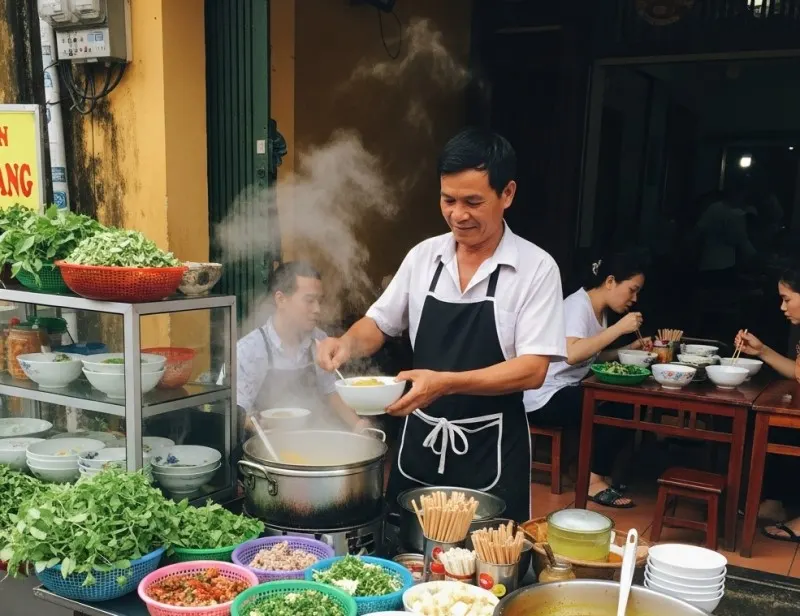 一張街頭小吃攤的照片，攤位上擺滿新鮮食材與一鍋熱騰騰的米粉湯，攤主正在現做 Mi Quang，吸引許多當地人與遊客駐足品嚐