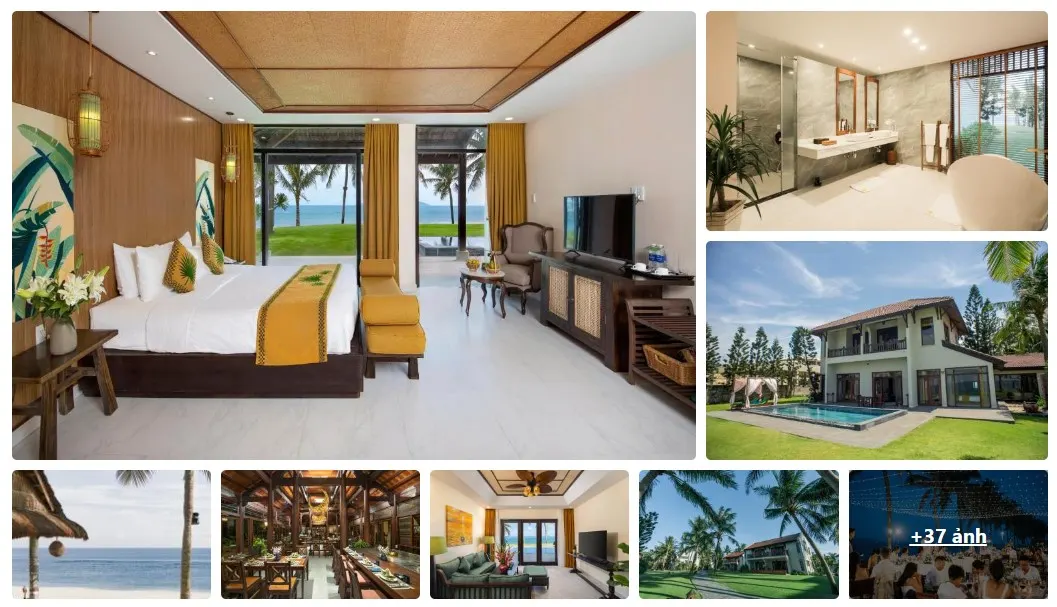 一幅度假村全景照,展示會安最佳五星級度假村的無邊際泳池、私人海灘與現代化建築,賓客悠閒地享受陽光與高端服務