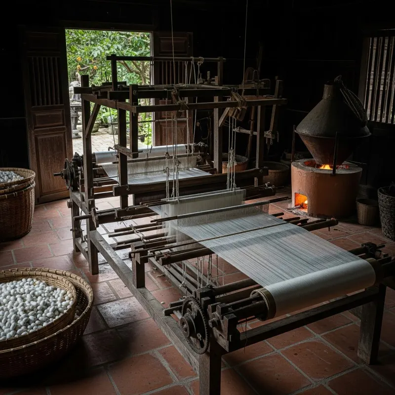 一張逼真的照片，展示了會安的手工藝村，一個絲綢紡織機，強調了該地區的絲綢製作傳統