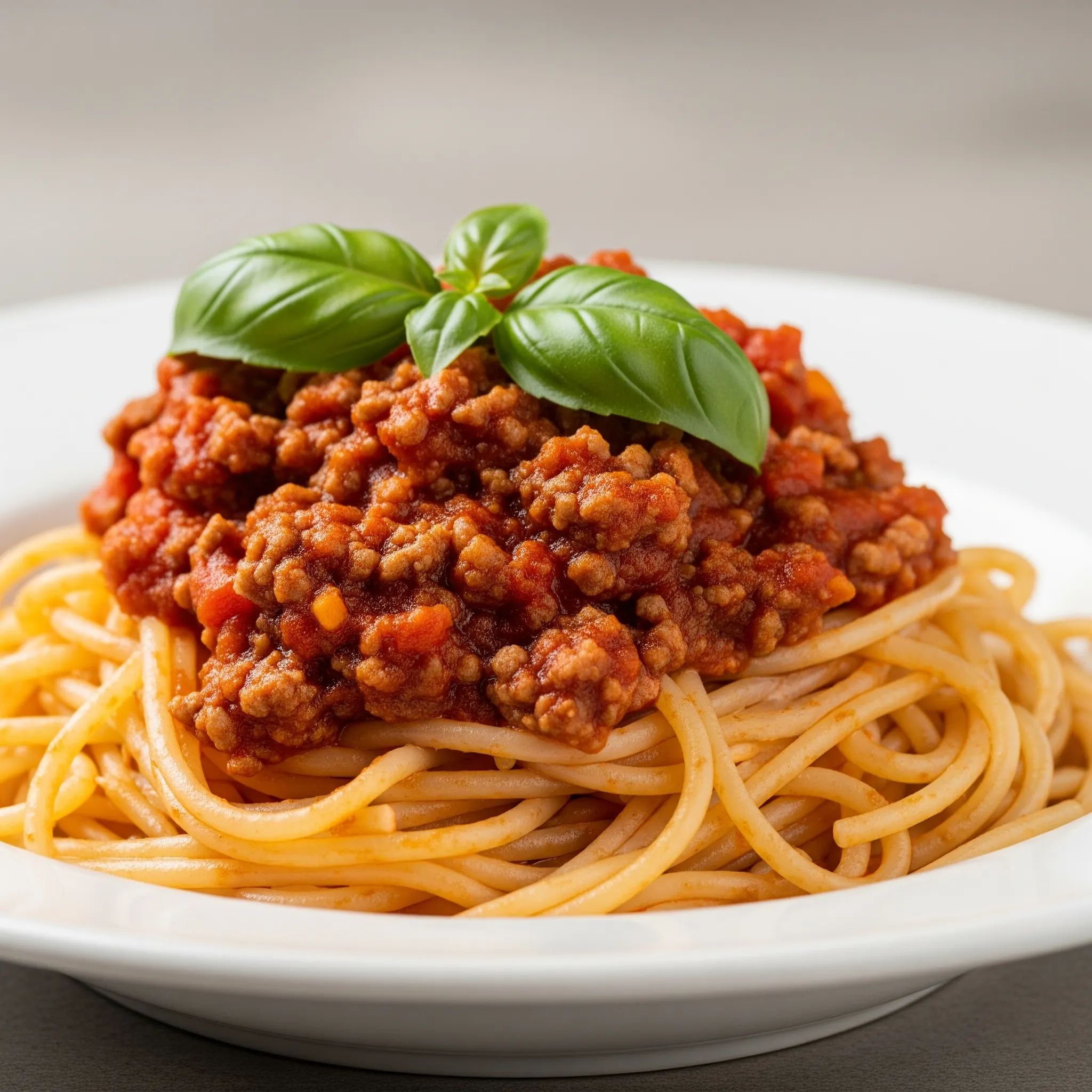 一張波隆那肉醬義大利麵的特寫照片，麵條均勻包覆著番茄與牛肉燉煮而成的醬汁，擺盤精緻，是會安義大利餐廳的熱門菜品