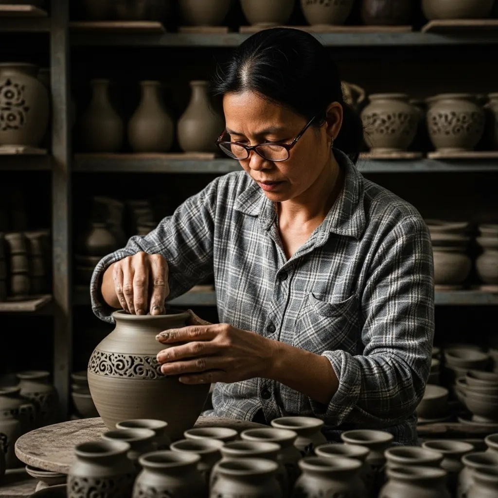 一張逼真的照片，展示了會安的手工藝村清河陶瓷村，工匠在製作陶器