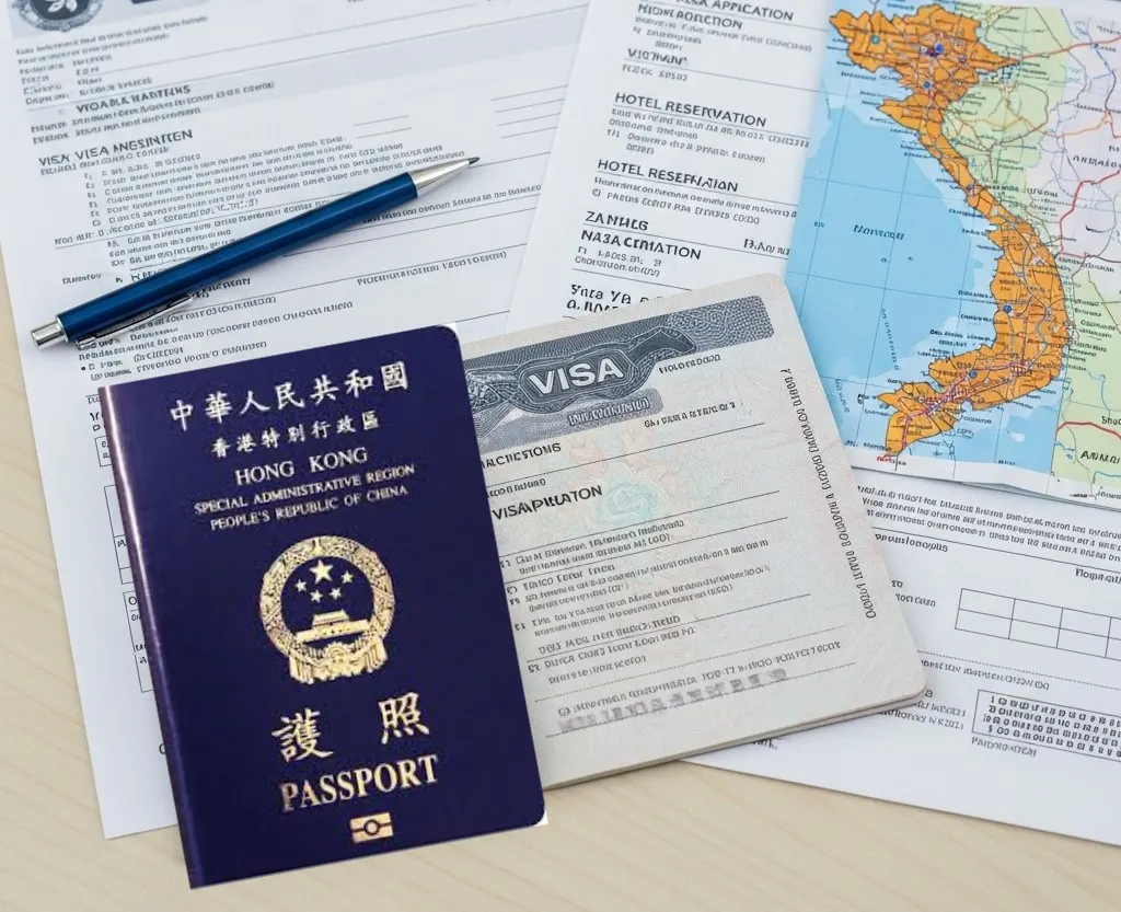 一張逼真的照片，展示了從香港前往越南的簽證申請，包括護照和相關文件