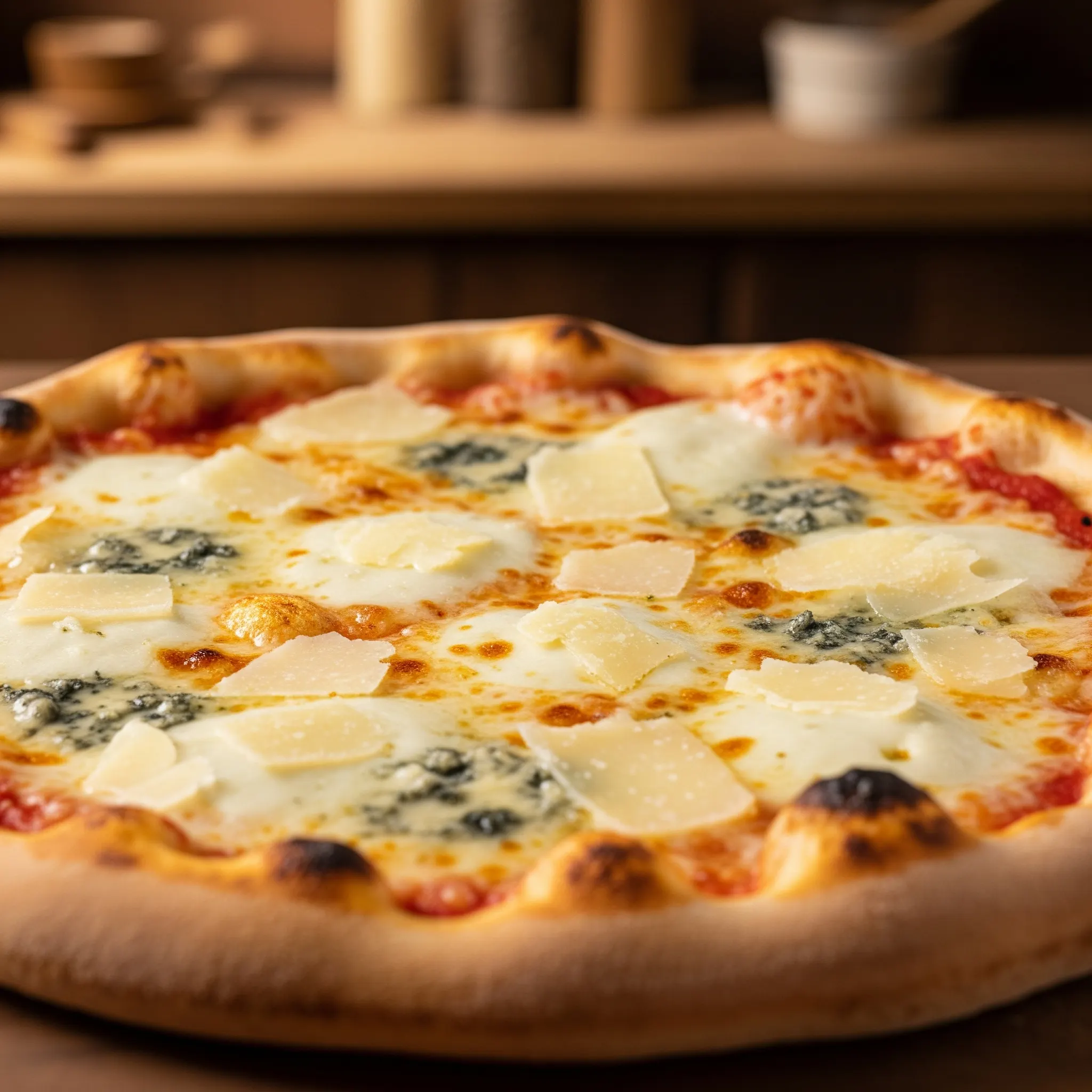 一張美食特寫照片，展示剛出爐的四起司披薩，金黃色澤、起司牽絲誘人，是會安義大利餐廳的招牌料理之一