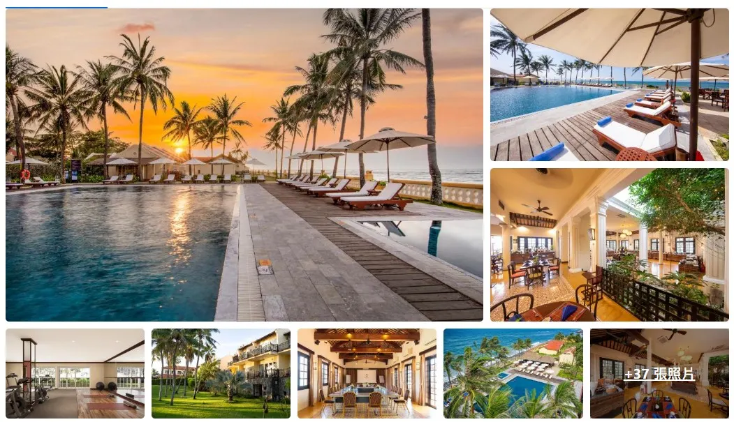 一幅度假村全景照,展示會安最佳五星級度假村的無邊際泳池、私人海灘與現代化建築,賓客悠閒地享受陽光與高端服務