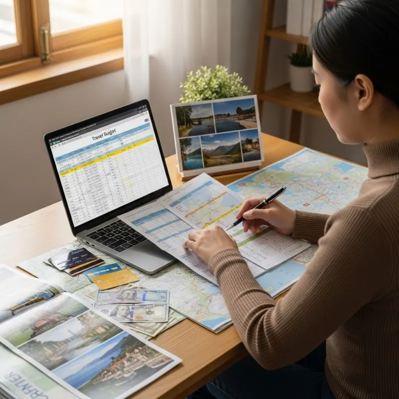 一張旅遊預算規劃的照片，畫面中顯示筆記本、地圖、計算機與越南貨幣，象徵著旅遊者在出發前精心規劃越南旅遊預算