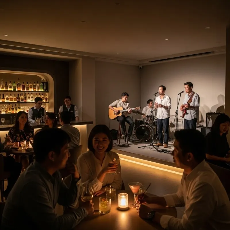 一張生動的照片，捕捉了會安酒廊的氛圍：亞洲客人一邊品飲雞尾酒，一邊欣賞現場樂隊在舞台上演奏
