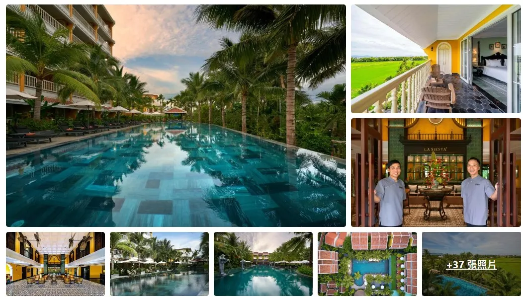 一幅靜謐的畫面，展示會安養生度假村的綠意環境與戶外瑜伽課程