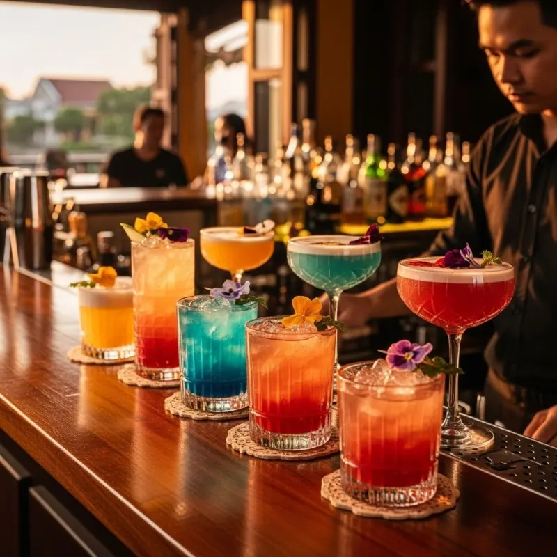 張特寫照片，展示了會安酒廊酒吧上精心調製的異國情調雞尾酒，上面裝飾著食用花卉和配菜